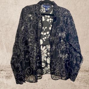 Susan Graver Style Black & White Sheer Floral Zip-Up Long Sleeve Blouse -Size XL